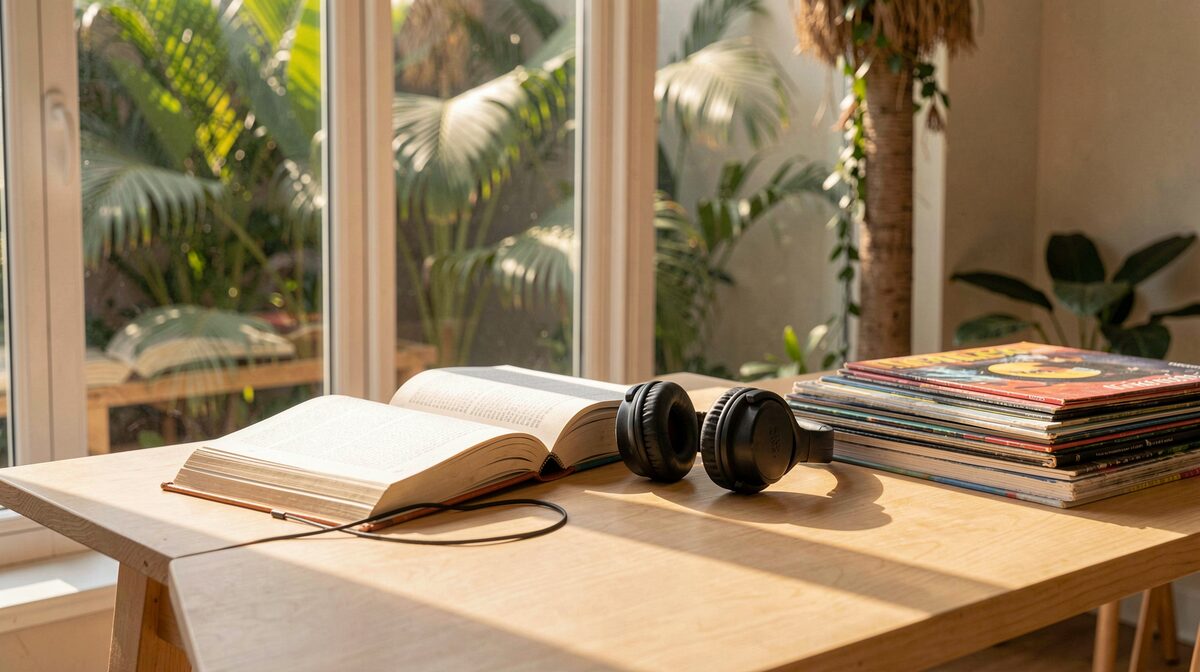 Une table de lecture en bois clair près d'une fenêtre haute, quelques volumes ouverts et un casque audio posés dessus, lumière douce de milieu de journée